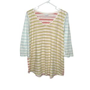 J. Jill V-neck Cotton Tunic 3/4 Sleeve Pastel Stripe Large Preppy Spring Casual